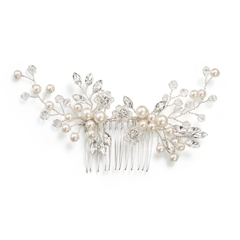 EVER FAITH Wedding Hair Accessory Marquise-Shaped Crystal Simulated Pearl Leaf Elegant Bridal Headpiece Side Comb for Bride Bridesmaids - Image 3
