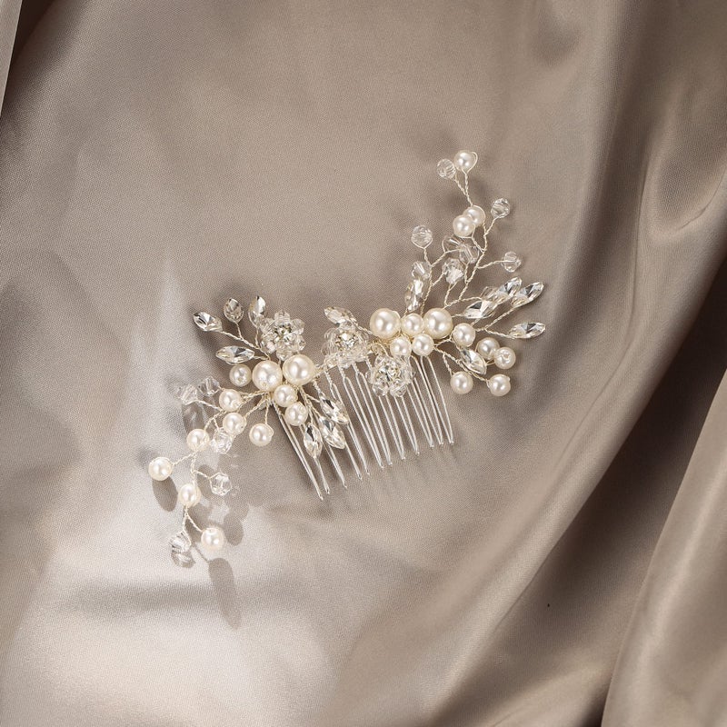 EVER FAITH Wedding Hair Accessory Marquise-Shaped Crystal Simulated Pearl Leaf Elegant Bridal Headpiece Side Comb for Bride Bridesmaids - Image 2