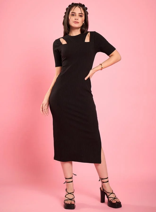 Winered Black Ribbed Midi Dress With Shoulder Cutouts