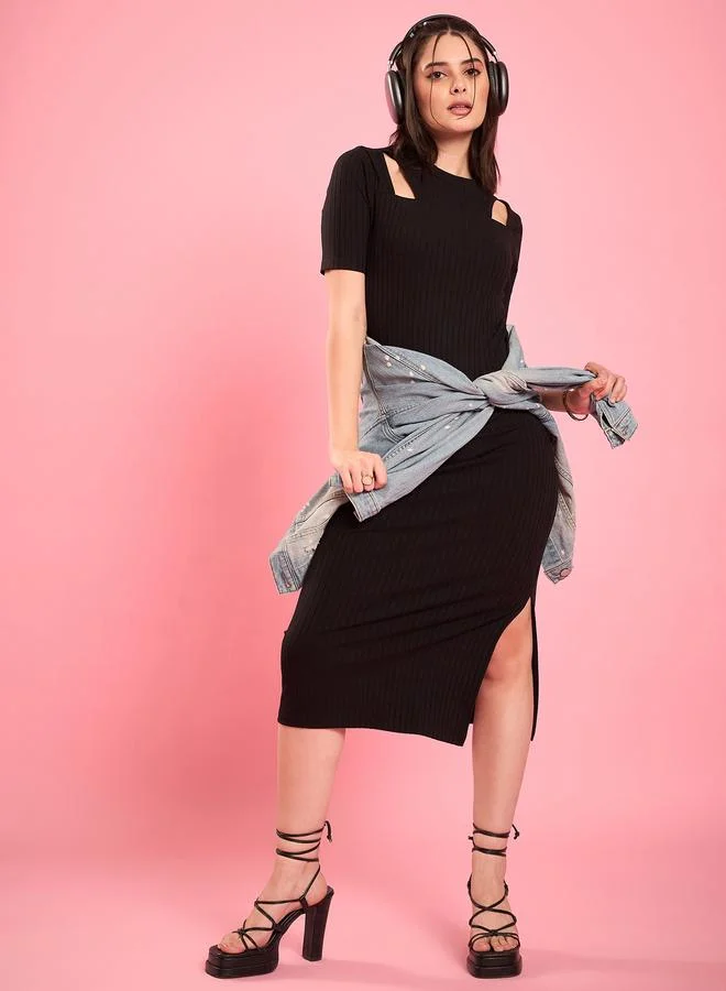 Winered Black Ribbed Midi Dress With Shoulder Cutouts