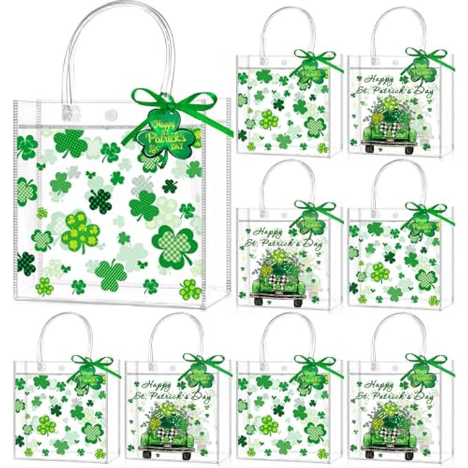 Zenoble 24 Pcs St. Patrick'S Day Gift Bags Double-Sided Clear Gift Bags With Handles Pvc Party Favor Goodie Treat Bag Bulk With Shamrock Cards Green Ribbon For Irish Holiday Party Supplies - Image 4