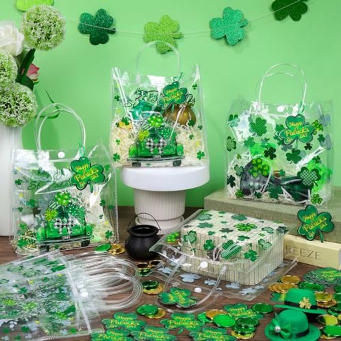 Zenoble 24 Pcs St. Patrick'S Day Gift Bags Double-Sided Clear Gift Bags With Handles Pvc Party Favor Goodie Treat Bag Bulk With Shamrock Cards Green Ribbon For Irish Holiday Party Supplies - Image 3