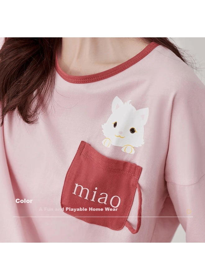 Top melon Dingguagua Top-quality Women's Pajamas, Pure Cotton Spring And Summer Round Neck Long Sleeve Loungewear Set, Can Be Worn Outside, Lotus Pink, Size 170 - Image 2