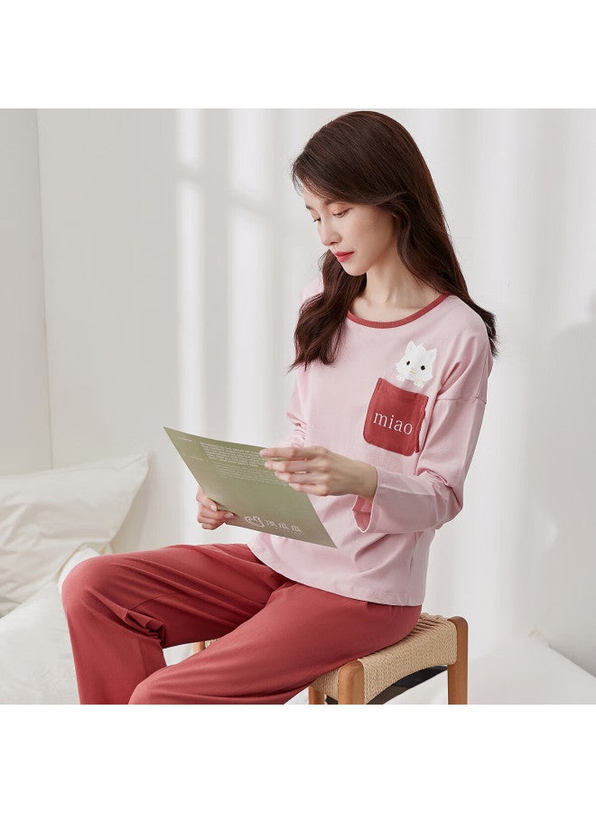 Top melon Dingguagua Top-quality Women's Pajamas, Pure Cotton Spring And Summer Round Neck Long Sleeve Loungewear Set, Can Be Worn Outside, Lotus Pink, Size 170 - Image 1
