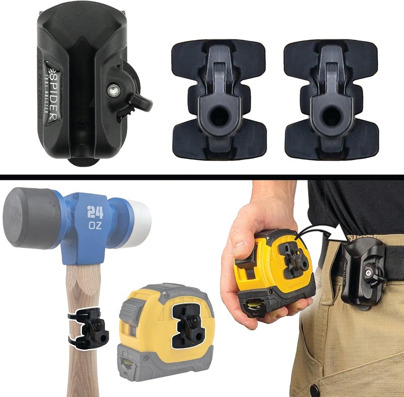 SPIDER Tool Holster - Pro Tape Measure + Hammer Holster Kit - Upgraded, Self Locking, Quick Draw Universal Tool Holder with Ambidextrous Thumb Lock - Compatible with All Major Brands - Image 1