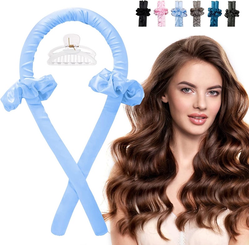 الكيان طوق رأس لتجعيد الشعر الطويل بدون حرارة يمكن استخدامه أثناء النوم طوال الليل مجموعة بكرات تجعيد الشعر من شريط ساتان مع ربطة شعر ومشابك شعر للحصول على تموجات طبيعية، لون أزرق - Image 1