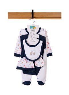 Babies Basic 5 Piece Unisex 100% Cotton Gift Set Include Bib, Romper, Mittens, Cap And Sleepsuit/Jumpsuit- Hug Day  - Image 1