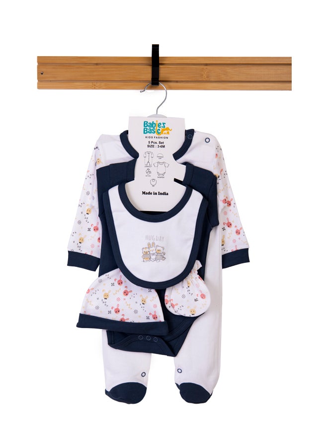 Babies Basic 5 Piece Unisex 100% Cotton Gift Set Include Bib, Romper, Mittens, Cap And Sleepsuit/Jumpsuit- Hug Day  - Image 1