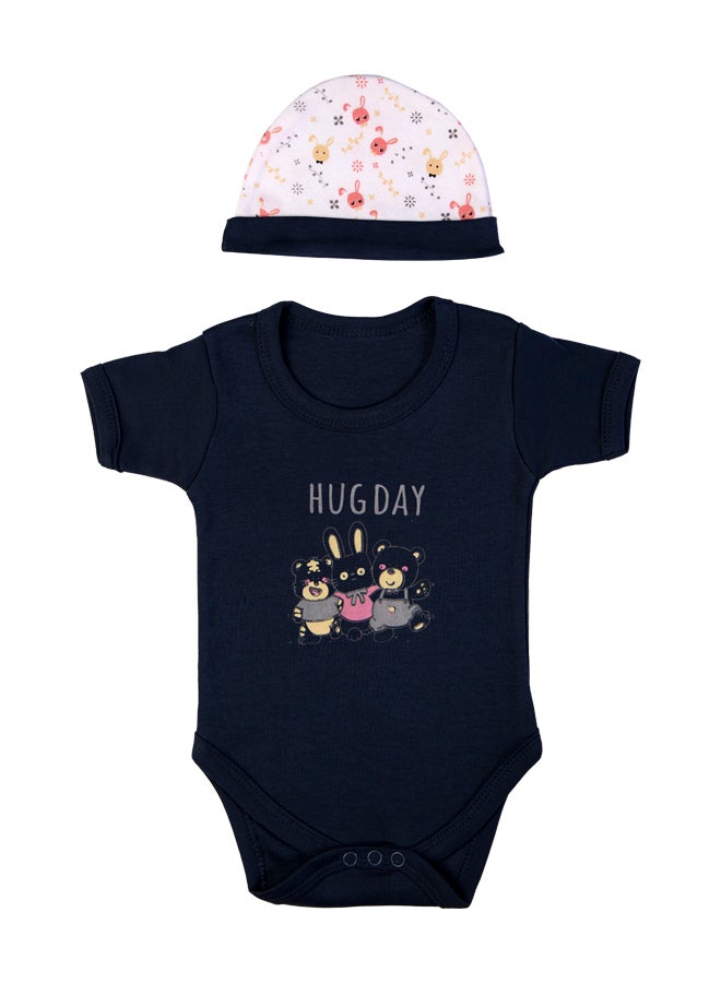 Babies Basic 5 Piece Unisex 100% Cotton Gift Set Include Bib, Romper, Mittens, Cap And Sleepsuit/Jumpsuit- Hug Day  - Image 4