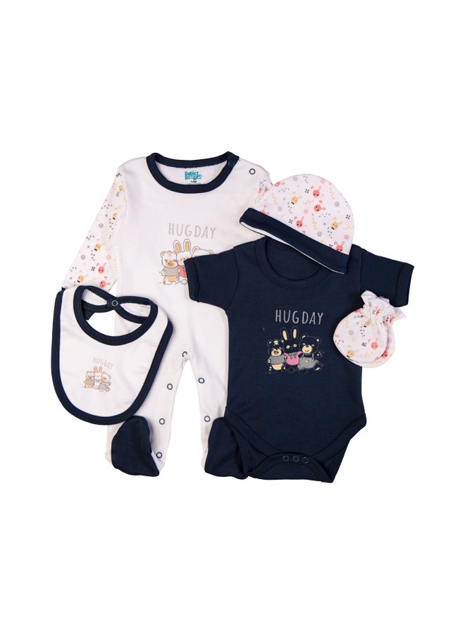 Babies Basic 5 Piece Unisex 100% Cotton Gift Set Include Bib, Romper, Mittens, Cap And Sleepsuit/Jumpsuit- Hug Day  - Image 2
