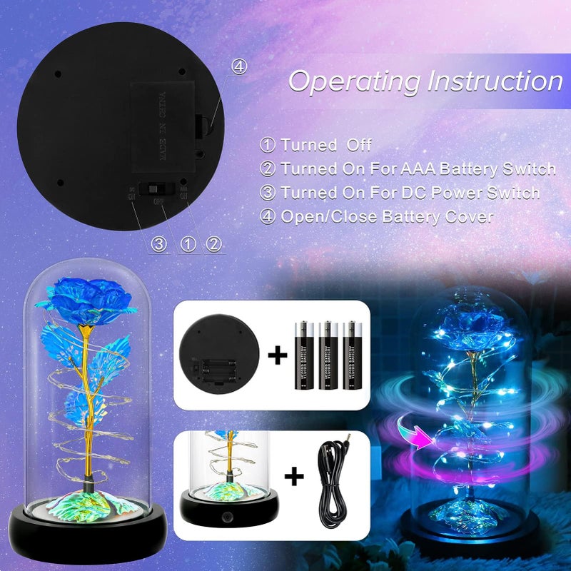 Childom Rotating Birthday Gifts for Women Christmas Rose Gifts for Women Light Up Rose in Glass Dome Spinning Colorful Blue Rose Flower Gifts Rose Gifts for Mom Her Christmas Thanksgiving Anniversary - Image 5