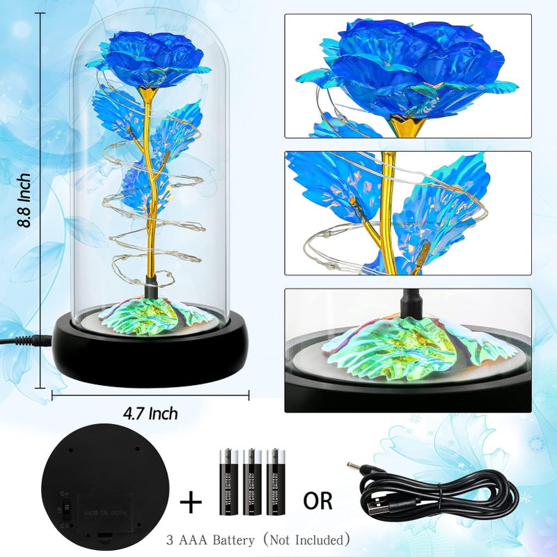 Childom Rotating Birthday Gifts for Women Christmas Rose Gifts for Women Light Up Rose in Glass Dome Spinning Colorful Blue Rose Flower Gifts Rose Gifts for Mom Her Christmas Thanksgiving Anniversary - Image 4