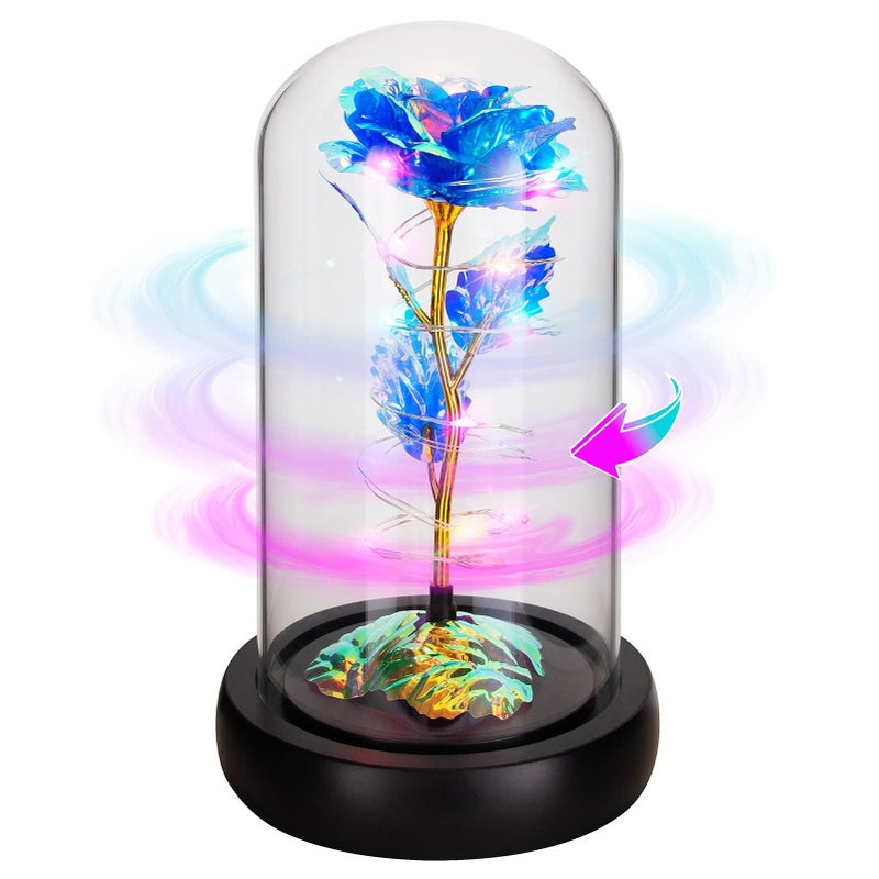 Childom Rotating Birthday Gifts for Women Christmas Rose Gifts for Women Light Up Rose in Glass Dome Spinning Colorful Blue Rose Flower Gifts Rose Gifts for Mom Her Christmas Thanksgiving Anniversary - Image 1