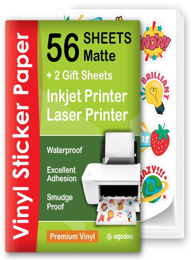 AgoDeo Premium Printable Vinyl Sticker Paper for Inkjet & Laser Printer - 56 Sheets Self-Adhesive Sheets Matte White Waterproof, Dries Quickly Vivid Colors, Holds Ink Well - Tear Resistant - Image 1
