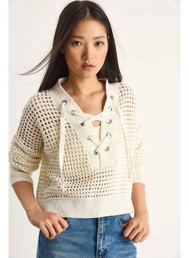 Ginger Lace Tie Up Detail Openwork Top