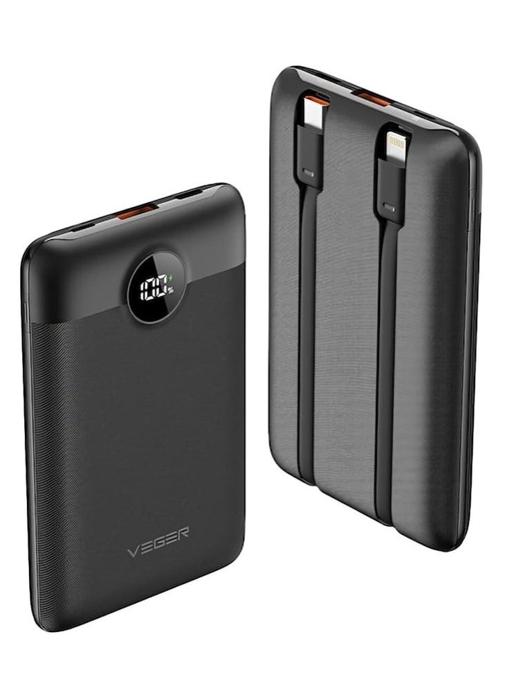 VEGER Power Bank 10000mAh and Built-in 2 Cables and LED Screen Compatible with all Devices Black  - Image 1