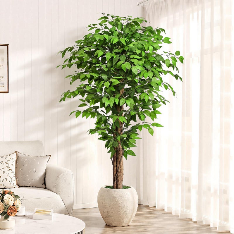 Keeplush 6.2ft Ficus Artificial Trees with 3 Natural Curved Trunks, 74" Tall Lush Faux Tree for Home Decor Indoor, Green Lifelike Fake Ficus Tree Artificial Plants - Image 1