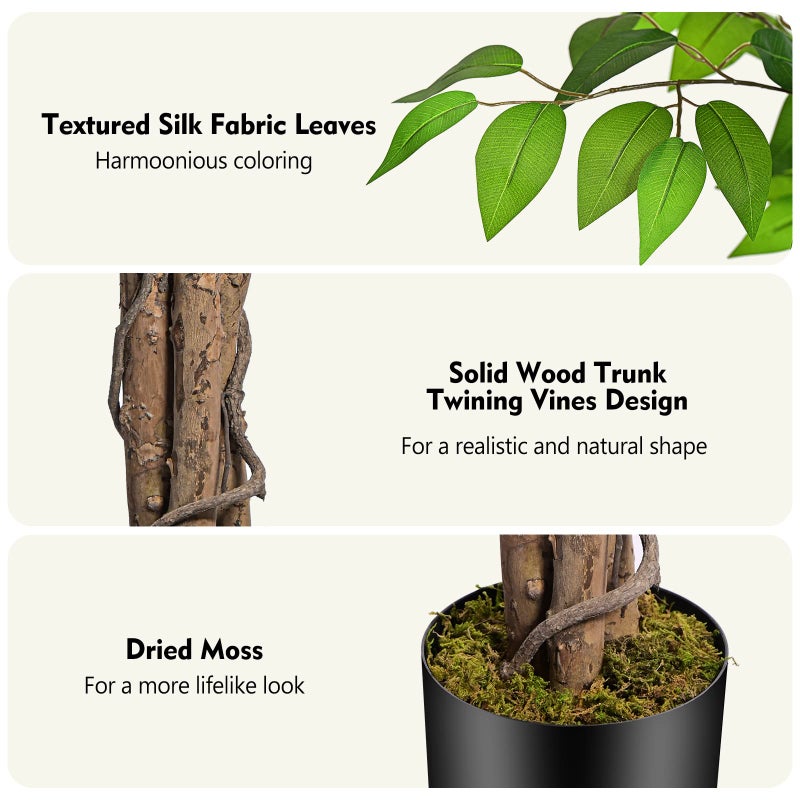 Keeplush 6.2ft Ficus Artificial Trees with 3 Natural Curved Trunks, 74" Tall Lush Faux Tree for Home Decor Indoor, Green Lifelike Fake Ficus Tree Artificial Plants - Image 2