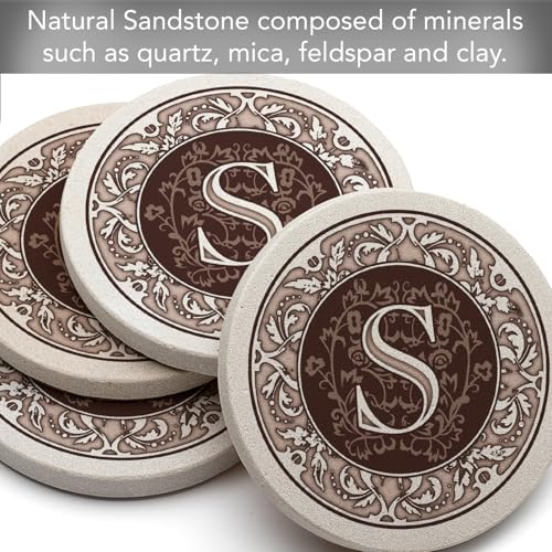 Thirstystone Monogram Letter S Absorbent Sandstone Coaster 4-Pack Made in The USA Decorative, Absorbent, Easily Wipes Clean - Image 4