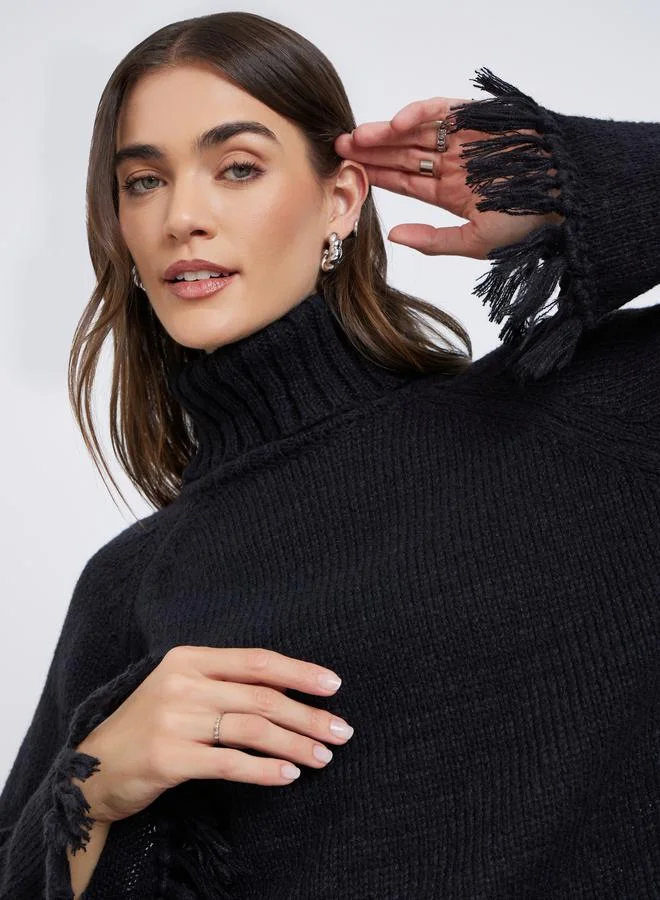 Styli Styli Black Fringe Hem Sweater