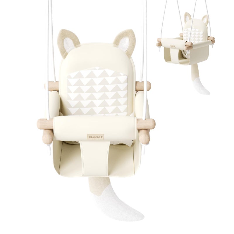 AskCat Wooden Hanging Baby Swing with Soft Safety Belt, Cozy Infant Swing Seat for Indoor & Outdoor Use, Adjustable Height, Includes Mounting Hardware â€“ Suitable for Babies & Toddlers(Fox-Themed in Beige) - Image 1