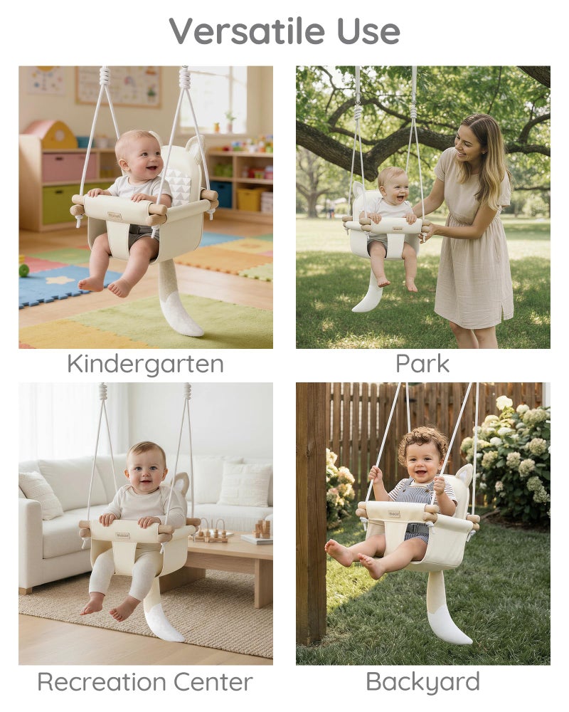 AskCat Wooden Hanging Baby Swing with Soft Safety Belt, Cozy Infant Swing Seat for Indoor & Outdoor Use, Adjustable Height, Includes Mounting Hardware â€“ Suitable for Babies & Toddlers(Fox-Themed in Beige) - Image 5