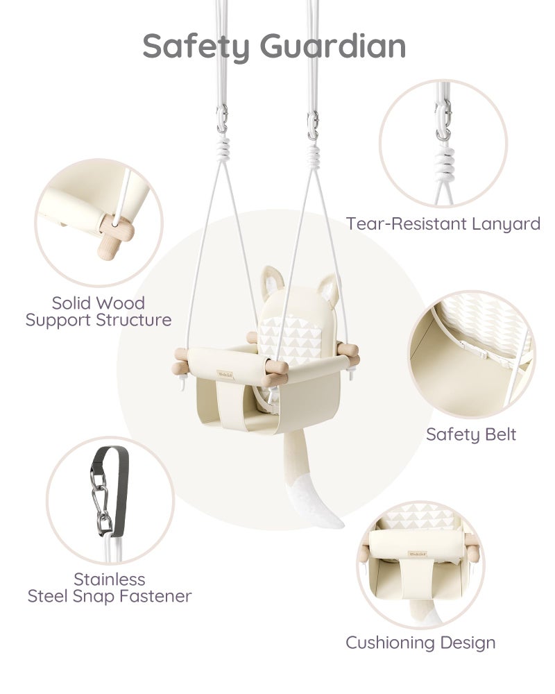 AskCat Wooden Hanging Baby Swing with Soft Safety Belt, Cozy Infant Swing Seat for Indoor & Outdoor Use, Adjustable Height, Includes Mounting Hardware â€“ Suitable for Babies & Toddlers(Fox-Themed in Beige) - Image 4