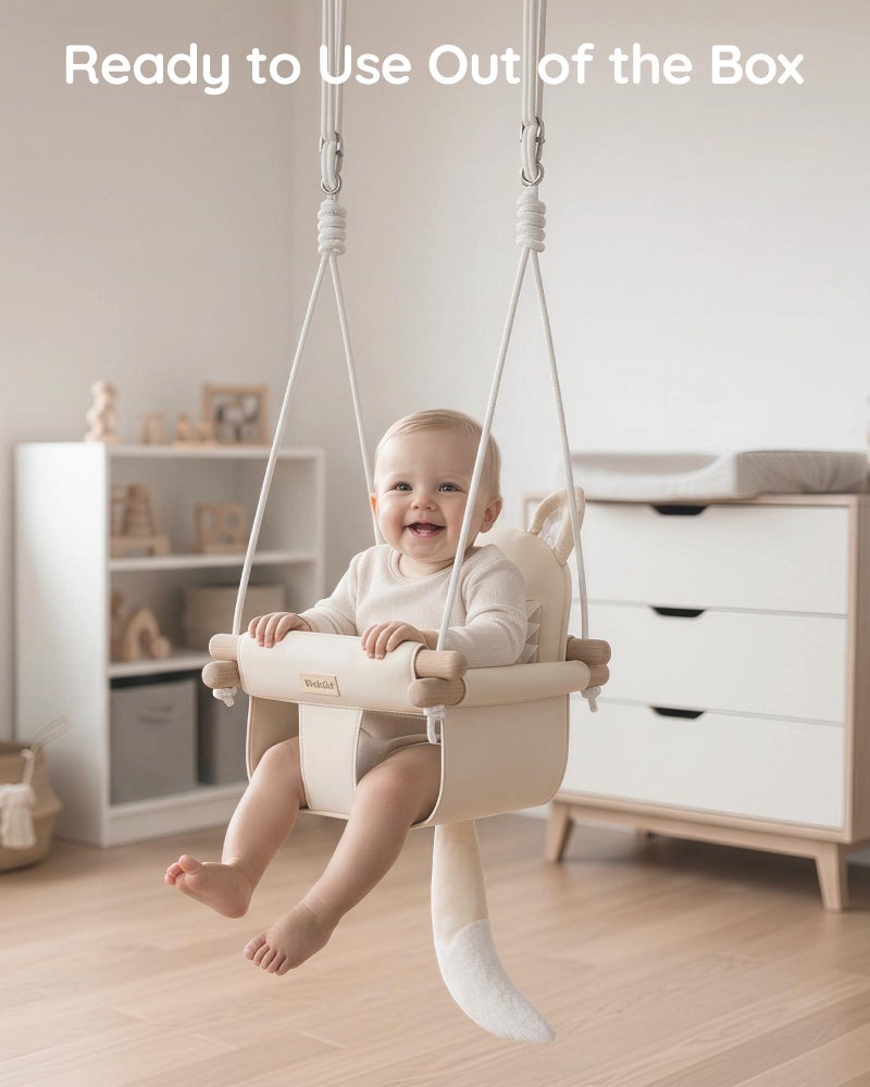 AskCat Wooden Hanging Baby Swing with Soft Safety Belt, Cozy Infant Swing Seat for Indoor & Outdoor Use, Adjustable Height, Includes Mounting Hardware â€“ Suitable for Babies & Toddlers(Fox-Themed in Beige) - Image 3