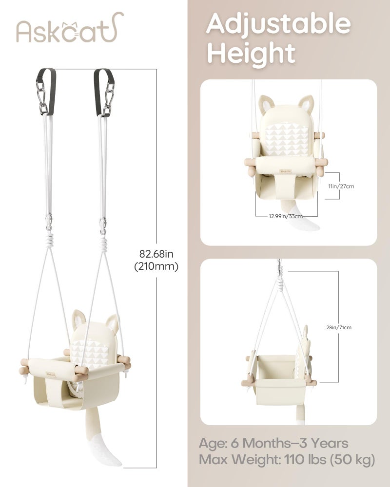 AskCat Wooden Hanging Baby Swing with Soft Safety Belt, Cozy Infant Swing Seat for Indoor & Outdoor Use, Adjustable Height, Includes Mounting Hardware â€“ Suitable for Babies & Toddlers(Fox-Themed in Beige) - Image 2