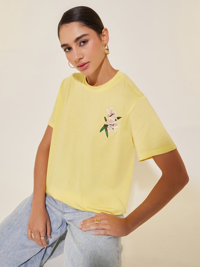 Take Two Floral Embroidery Detail Short Sleeves T-Shirt - Image 1