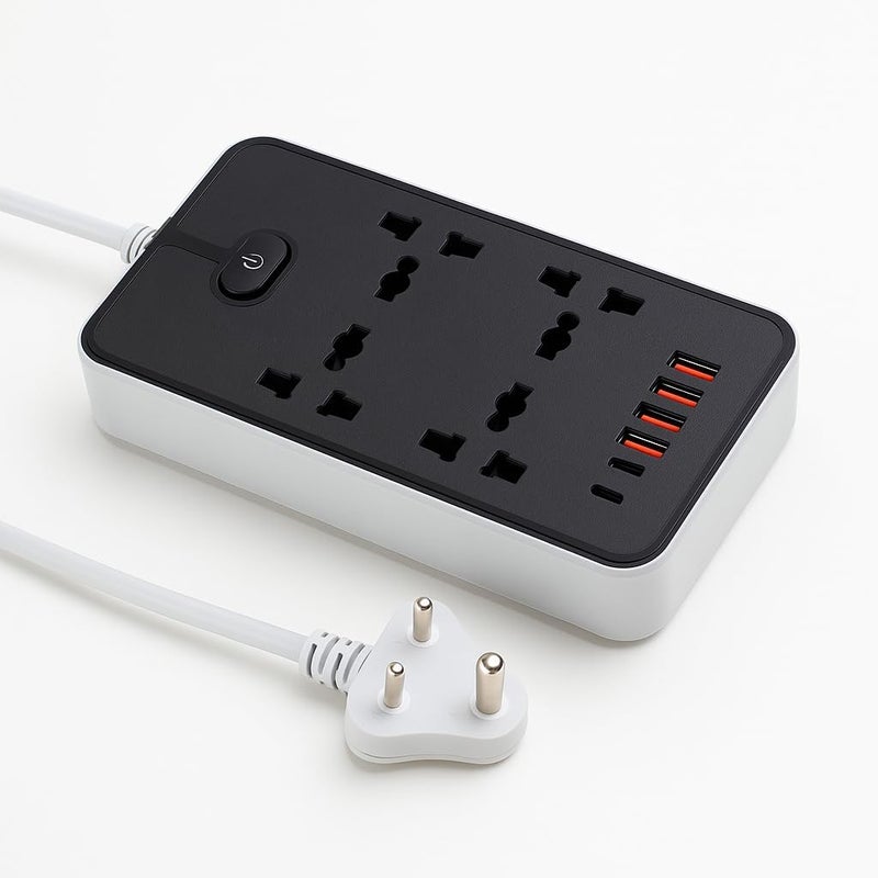 NOJTI لوح تمديد، شريط كهربائي بـ 6 منافذ USB و٣ منافذ عامة، كابل تمديد بقدرة 2500 واط وجهد 10 أمبير، شريط كهربائي مزود بحامي من الصدمات الكهربائية ثلاثي الأطراف للاستخدام المنزلي والمكتبي وأجهزة الكمبيوتر وشحن الهواتف المحمولة (لون أسود - Z66) - Image 1