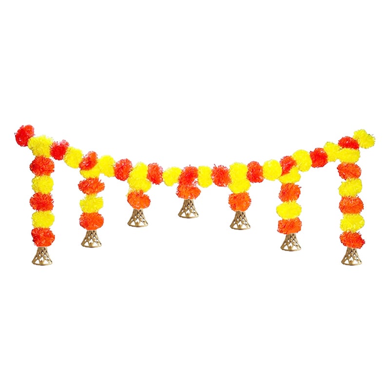 pop colours pop colours Artifical Marigold Fluffy Flower Garland Decoration | with Golden Hanging Bell | Yellow and Orange | Hangings for Home and Office Decoratio | 1 Pcs - Image 1