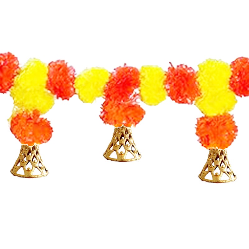 pop colours pop colours Artifical Marigold Fluffy Flower Garland Decoration | with Golden Hanging Bell | Yellow and Orange | Hangings for Home and Office Decoratio | 1 Pcs - Image 2