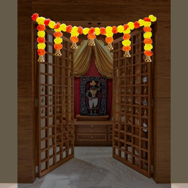 pop colours pop colours Artifical Marigold Fluffy Flower Garland Decoration | with Golden Hanging Bell | Yellow and Orange | Hangings for Home and Office Decoratio | 1 Pcs - Image 3