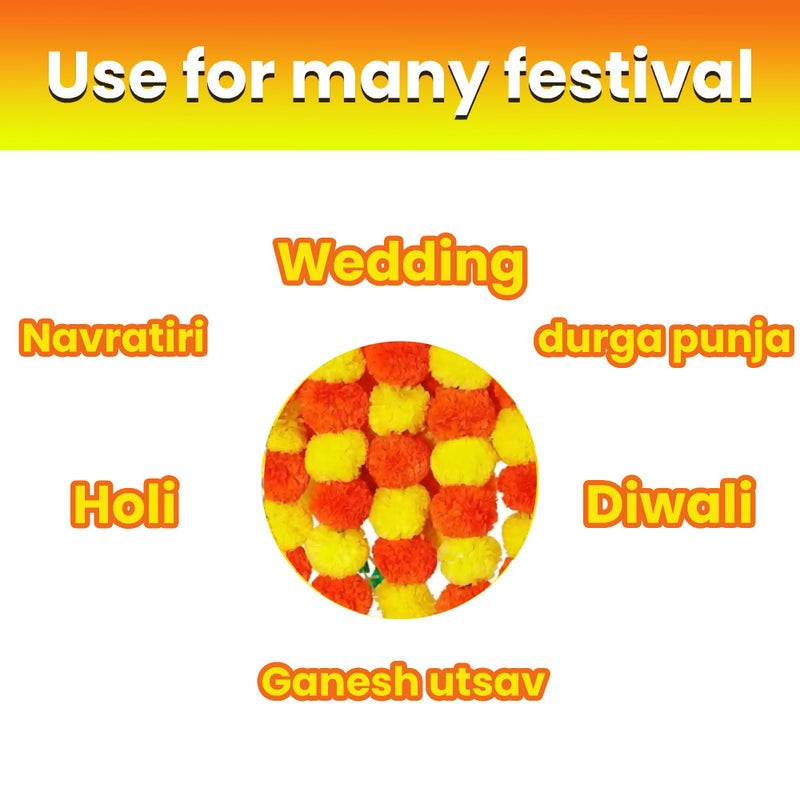 pop colours pop colours Artifical Marigold Fluffy Flower Garland Decoration | with Golden Hanging Bell | Yellow and Orange | Hangings for Home and Office Decoratio | 1 Pcs - Image 5