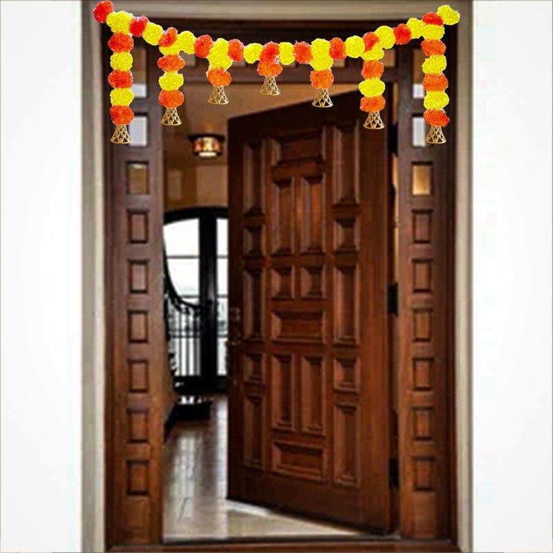 pop colours pop colours Artifical Marigold Fluffy Flower Garland Decoration | with Golden Hanging Bell | Yellow and Orange | Hangings for Home and Office Decoratio | 1 Pcs - Image 4