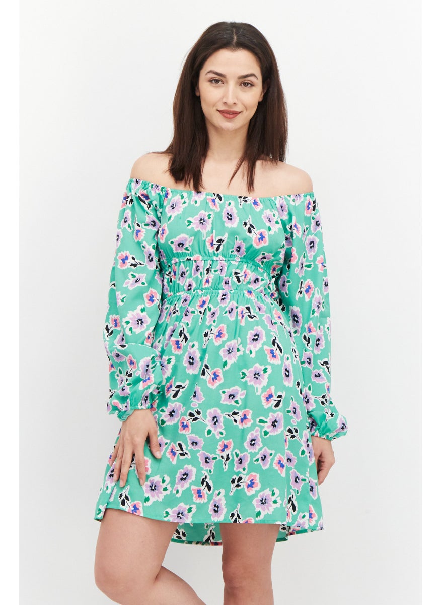NEW LOOK Women Floral Print Casual Mini Dress, Green Combo  - Image 1