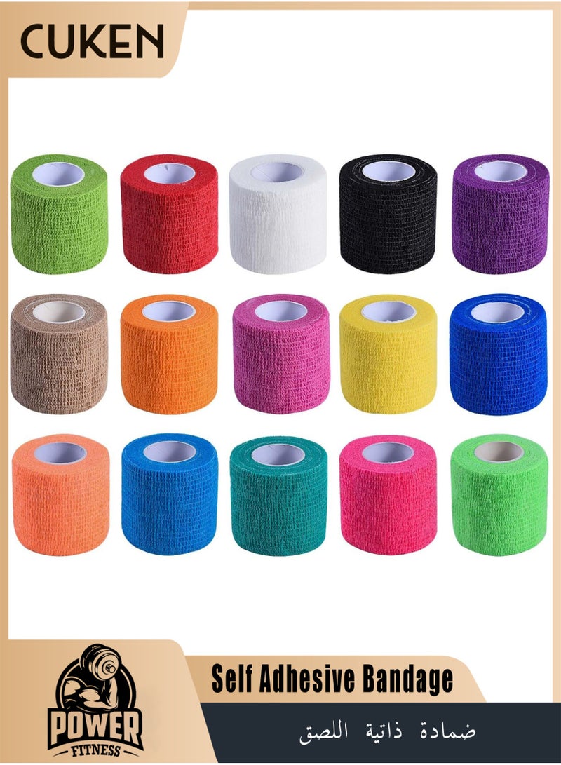 Cuken 15 Pack 5 cm x 4.5m Self Adhesive Bandage Breathable Cohesive Bandage Wrap Rolls Elastic Self-Adherent Tape for Stretch Athletic, Sports, Wrist, Ankle, 15 Colors - Image 1