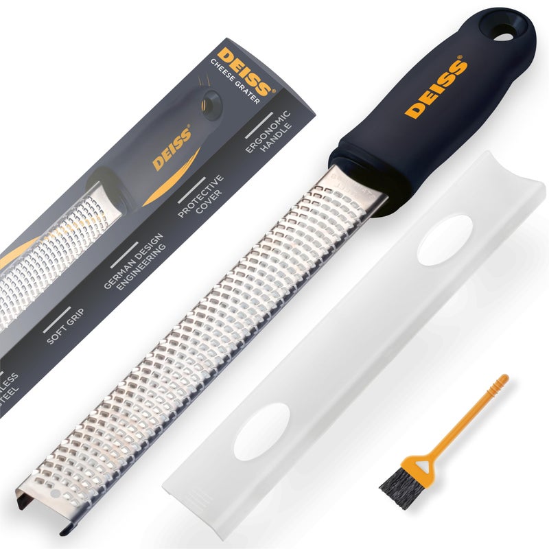 Deiss PRO Citrus Zester  Cheese Grater  Parmesan Cheese Lemon Ginger Garlic Nutmeg Chocolate Vegetables Fruits  RazorSharp Stainless Steel Blade Wide Dishwasher Safe  Black