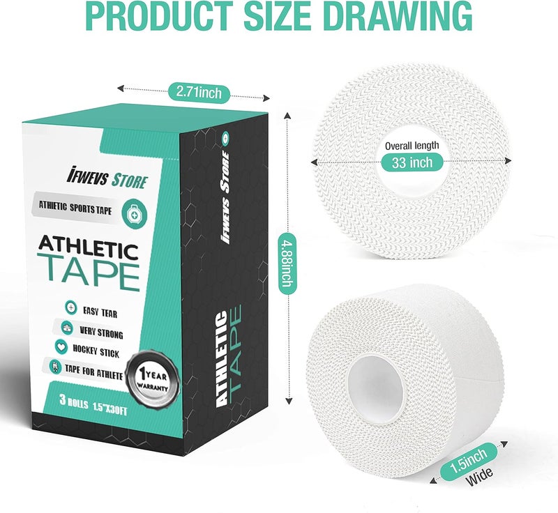 iFwevs (3 Pack) White Athletic Sports Tape, Very Strong Easy Tear No Sticky Residue Tape for Athlete & Sport Trainers & First Aid Injury Wrap,Suitable for Bats,Tennis,Gymnastics & Boxing（1.5in X 35ft） - Image 4