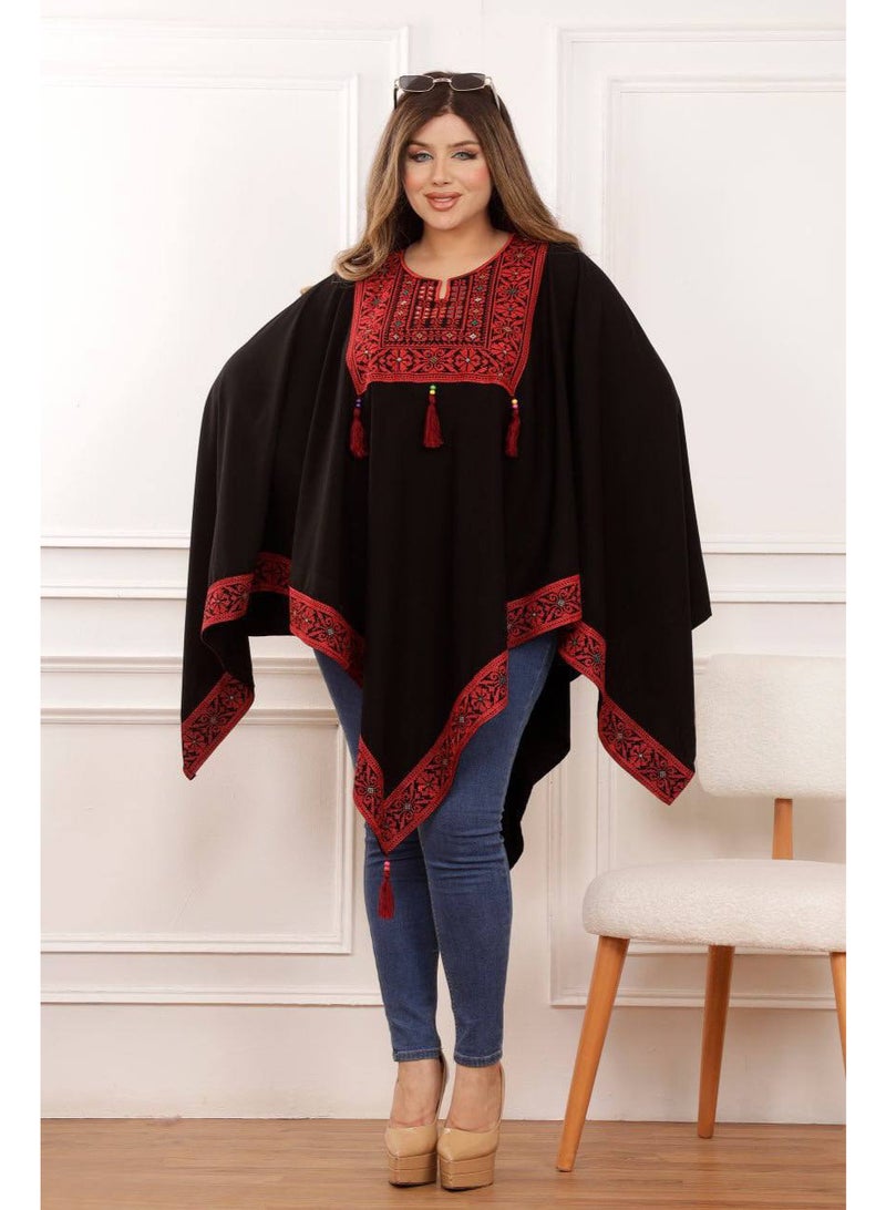 ليالي الجلابية بونشو "ألوان الأرض" من ليالي الجلابية – تصميم أنيق بتطريز هندسي احمر وزخارف فريدة، لإطلالة عصرية ومريحة - Image 2