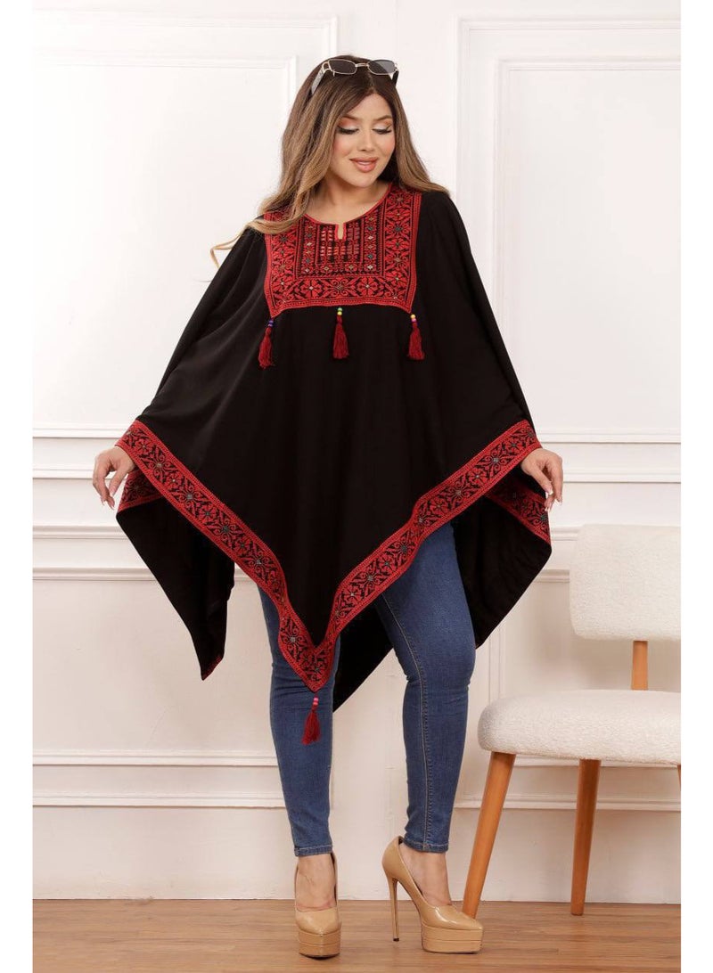 ليالي الجلابية بونشو "ألوان الأرض" من ليالي الجلابية – تصميم أنيق بتطريز هندسي احمر وزخارف فريدة، لإطلالة عصرية ومريحة - Image 3