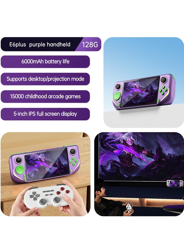 null - E6 Plus Handheld Game Console, 128G RK3566 TV Connect 5-Inch Touch Screen LINUX/Android Dual System WiFi Children Gifts (Purple) - Image 1