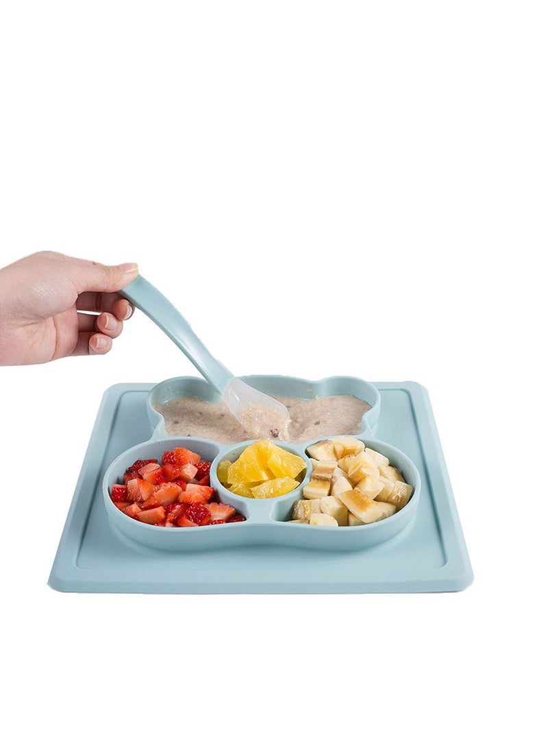 KASTWAVE Plate Spoon Baby Silicone Dining Plates, Cartoon Bear Toddler Tableware Set Children Feeding Bowl Kids Dishes Anti-fall Tray Blue  - Image 1