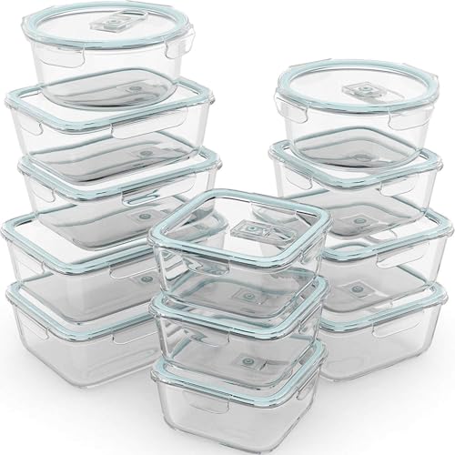 Razab 24 Pc Airtight Glass Food Storage Containers - Glass Meal Prep Containers - Freezer to Oven Safe - Steam Release Valve BPA Free - Airtight Bento Boxes - Leak Proof (12 lids & 12 Containers) - Image 1
