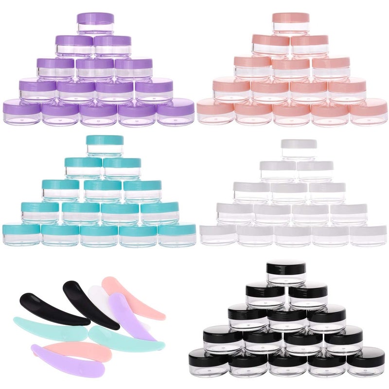 BTYMS Refillable Cosmetic Sample Jars - 100 Pack 10g (0.35oz) Multi Color Small Travel Containers with Lids + 10 Mini Makeup Spatulas - BPA Free - Image 1