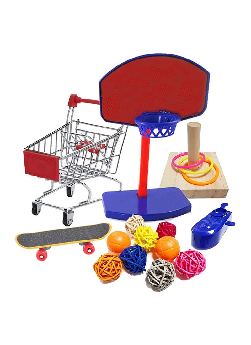 4Pcs Bird Training Intelligence Toys Set Included Training Basketball, Colorful Stacking Rings, Mini Skateboard and Shopping Cart Toy, Sepak Takraw for Parrots, Budgies, Cockatiel, Parakeet  - Image 1
