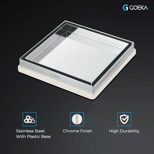 GOEKA® 6" x 6" مصرف أرضيات من الفولاذ المقاوم للصدأ SS 304 مع إدخال بلاط ورخام | مصفاة عكسية للوحة جالي | مصرف مربع للحمام، السطح، التراس، الشرفة | مقاوم للانسداد والصدأ - Image 3