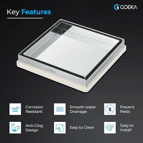 GOEKA® 6" x 6" مصرف أرضيات من الفولاذ المقاوم للصدأ SS 304 مع إدخال بلاط ورخام | مصفاة عكسية للوحة جالي | مصرف مربع للحمام، السطح، التراس، الشرفة | مقاوم للانسداد والصدأ - Image 4