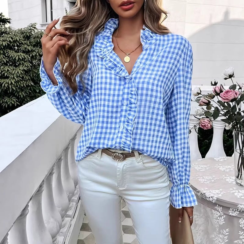 بلوزة نسائية بأكمام طويلة وياقة قائمة، بتصميم كارديغان مع زركشات ونقشة مربعات